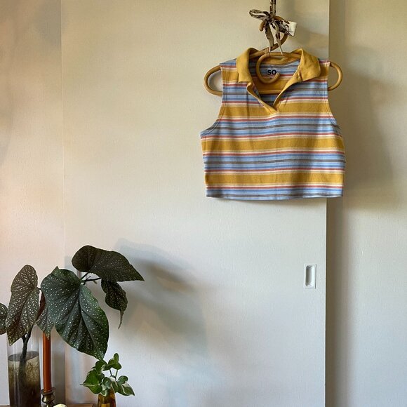 SO Women's Striped Collared Crop Polo Tank - Picture 1 of 5